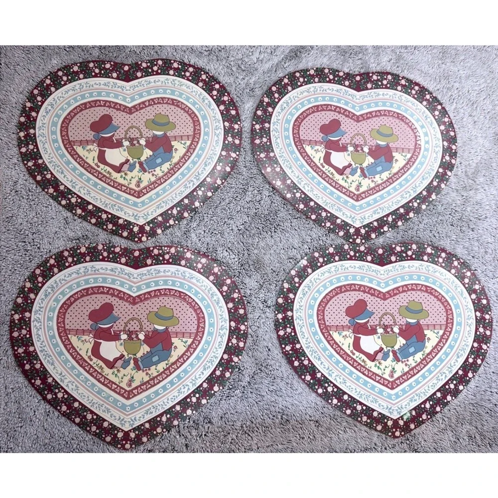 Vintage Town & Country Heart Placemats Set 4 Vinyl Cottagecore Grannycore